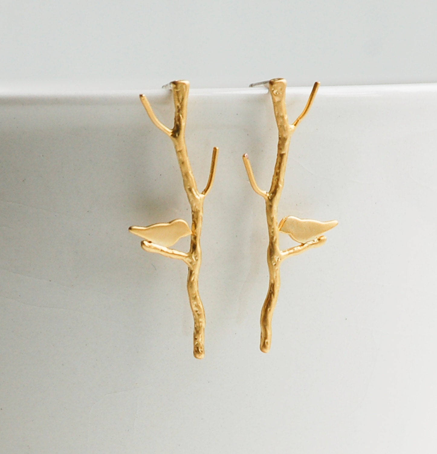 Bird Earrings Gold Branch Earrings Gold Bird on a Branch