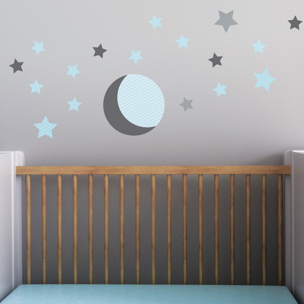 Gray Moon Moon Wall Decal Stars Wall Decal Aqua Stars Baby