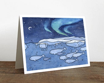 Belugas Card - Aurora Borealis Christmas Holiday Stationary