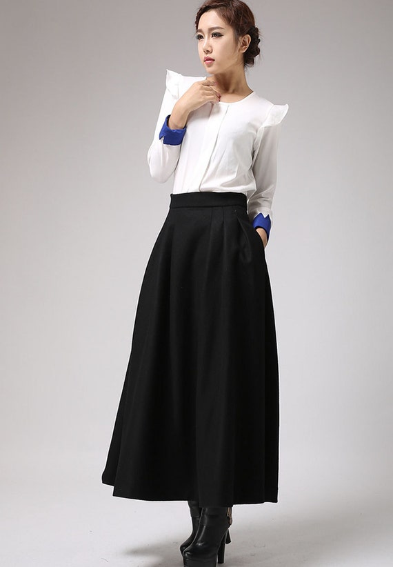 Black skirtmaxi skirt wool skirtwinter skirt pleated