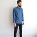 Vintage 90s Men's Collarless Blue Denim Button Up Shirt // Long Sleeve