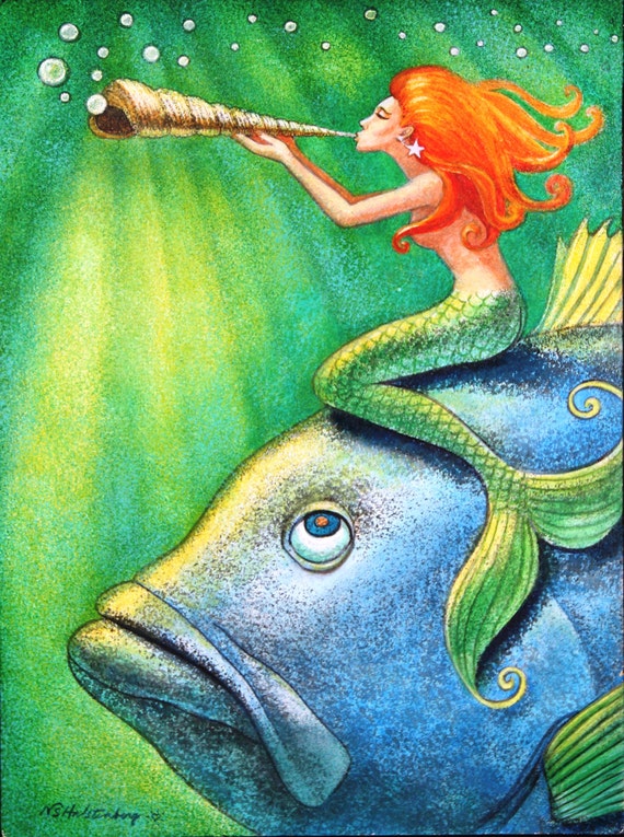 Mermaid art cute fantasy whimsical blue fish print of painting