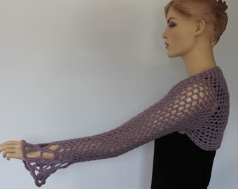 Knit Shrug Dusty Lilac Crochet Shrug Bolero long sleeved - Merino Wool - Size S- M- L