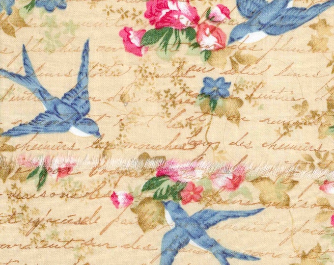 bird vintage french script swallows pink flowers hand made stamped ribbon shabby chic 3.5 wide x45    1014 . ....oohlala