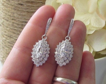 Crystal Bridal Earrings, Vintage Style Wedding Earrings, Estate Jewelry, Marquis Cubic Zirconia, Drop Earrings, Diamond Cubic Zirconia
