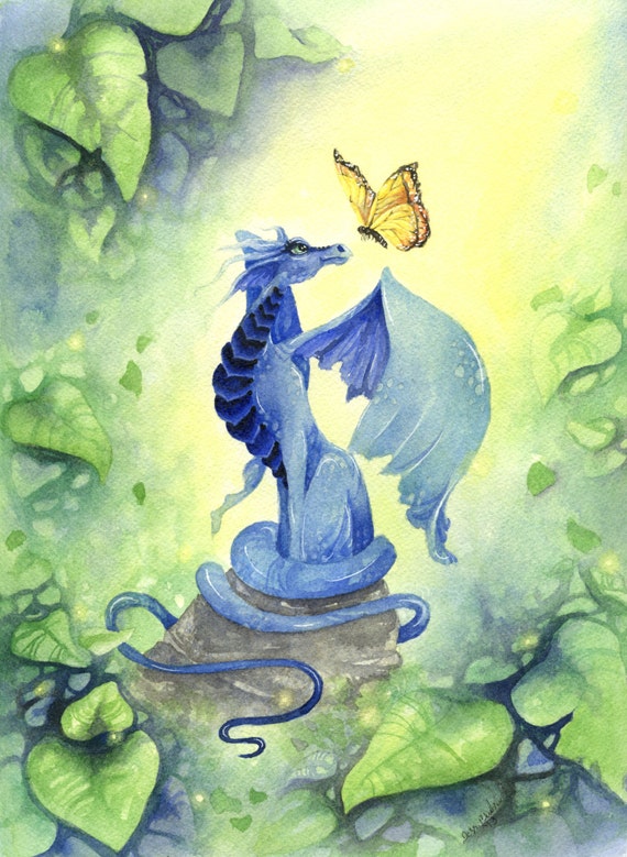  Dragon  Art  Original Watercolor  Painting  Little Blue Dragon 