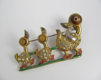 Vintage Art Deco Duck and Ducklings Brooch Rhinestones Moonglow