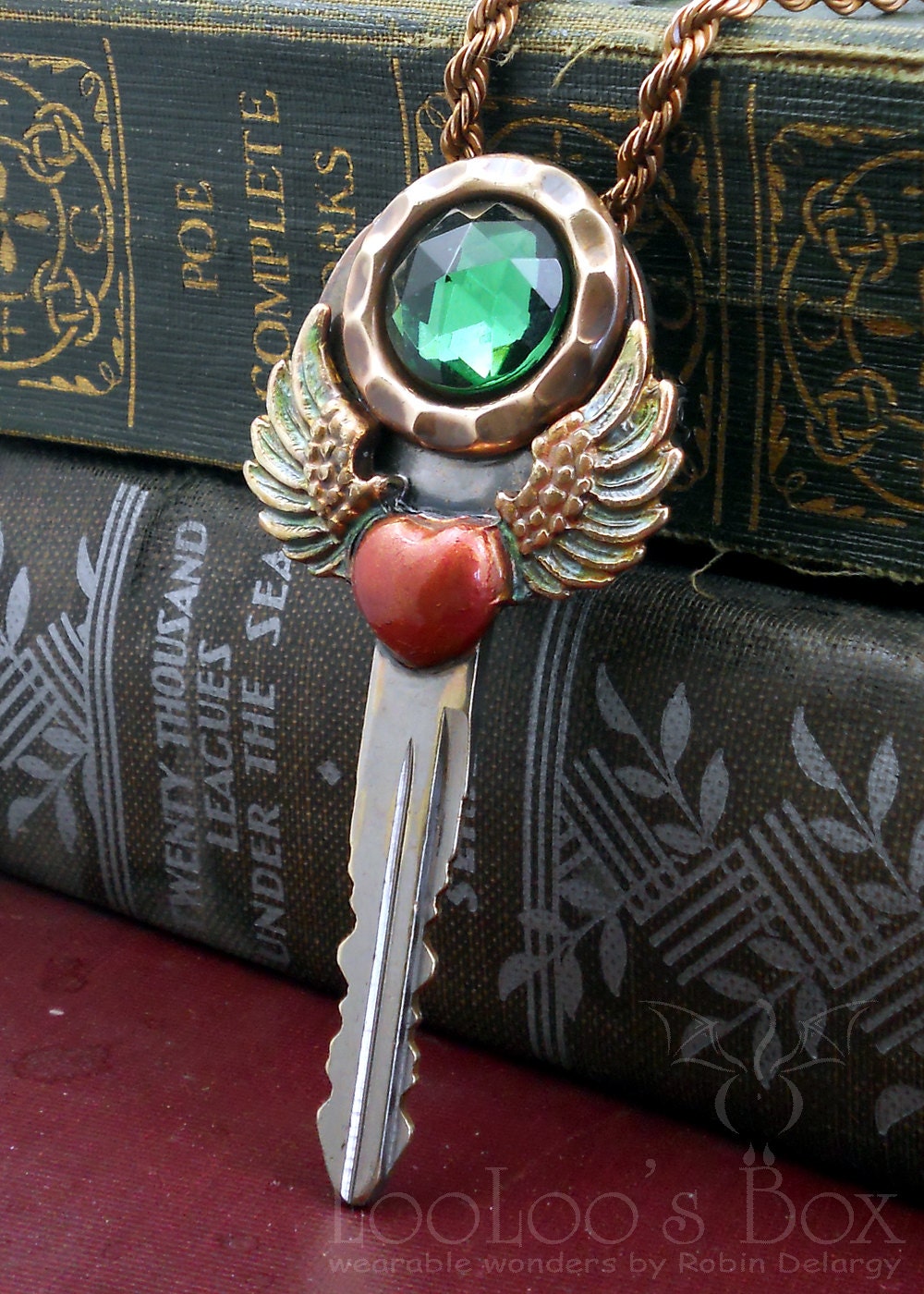 Steampunk Key Pendant Necklace Vintage Turmaline Green Rhinestone Brass Winged Heart Repurposed N0458 by Robin Taylor Delargy RTD