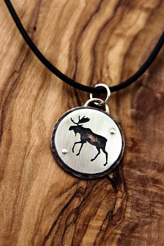 Moose pendant sterling silver and copper necklace hand cut