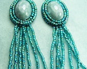 Bead Embroidered Earrings-Bead Bezeled Cabochon with Beaded Tassles-Turquoise Seed Beads-Leverback Earrings-SRAJD