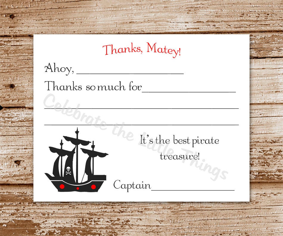 Printable / Pirate Thank You Card / Fill in by