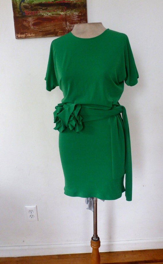 Items similar to Plus size kelly Green Dress with ruffle attached belt