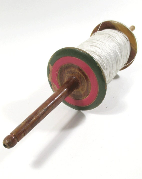Vintage Wooden Kite String Winder with Green and Red Stripes
