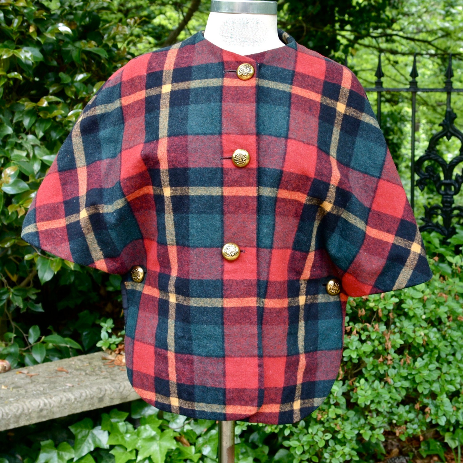Cape Tartan Plaid Jacket Country Place Wool Red Green Yellow