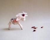 Kate - Mini Felt Donkey Art Toy Standing Felted Animals Handmade Stuffed. pastel pink grey red mstarteam burgundy rose flower. MADE TO ORDER