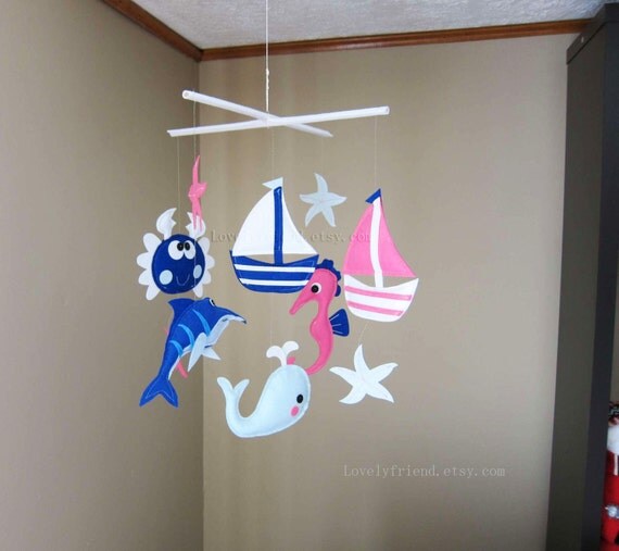 Baby Mobile - Starfish Crib Mobile - "boats, sea horse, Marlin fish" design  - Handmade Nursery Mobile (Match your bedding)