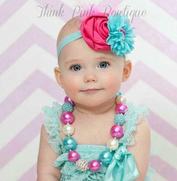 Baby Headband and Girls Chunky Necklace SET,Girls Bubblegum Chunky Necklace, Easter Baby Headband, Easter Chunky Necklace, Baby Hair Bows. by ThinkPinkBows