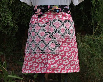 Half apron, Hot Pink daisies, black and pink large pockets, waitress, gardening, teacher apron