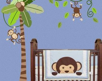 Monkey Tree Wall, Decal Safari Tree Decal, Palm Tree Decal, Monkey Decal