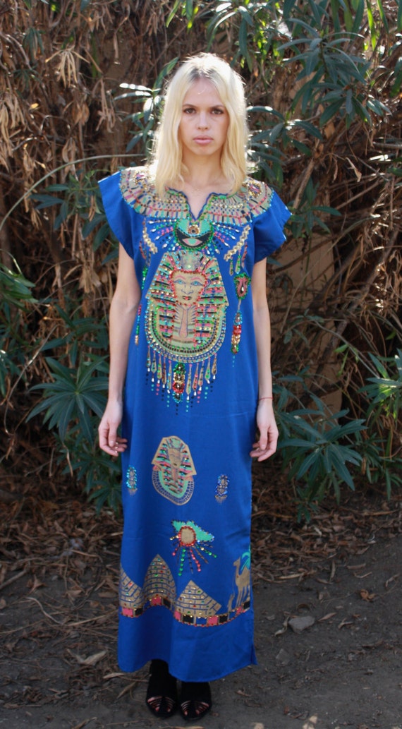 VTG Egyptian Beaded Kaftan Cotton Maxi Dress