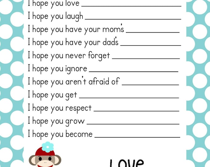 SALE Sock Monkey Boy Baby Shower Game Advice Cards ~ Well Wishes ~ Instant Download Printable PDF File ~Blue Polka Dot Design Boy