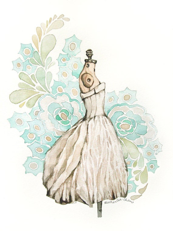 Dress Watercolor Painting - Original - Turquoise Gray White - 9 x 12