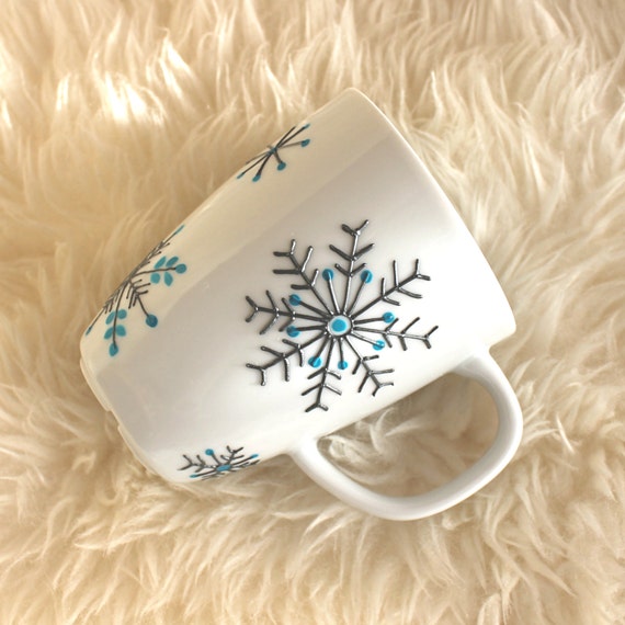 Hand Painted Porcelain Mug  \u0026quot;Snowflake\u0026quot; Design, Tea Mug, Coffee Mug, Gift Idea for Tea lovers 