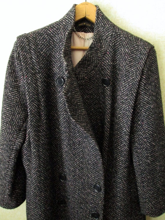 Vintage 80s Overcoat herringbone tweed long wool coat midi