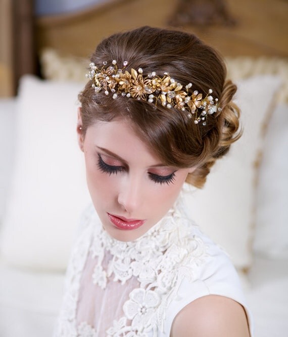 Gold Flower Hair Crown, Pearl, Crystal Headband, Headpiece, Hair Vine, Wedding Halo, Tiara, Bridal Accessories, STYLE 106 - Gold or Silver