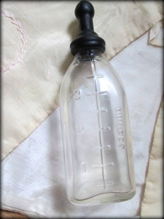 Antique Glass Baby Bottle With Rubber Nipple Vintage 1920s 30s