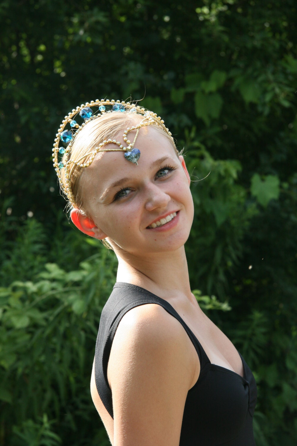 Professional Ballet Headpiece Tiara Blue Gold AB Crystal Heart