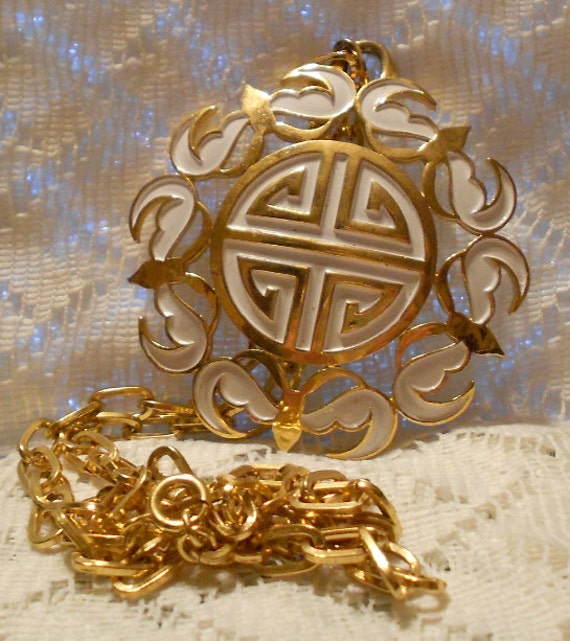 Vintage Crown Trifari Large Gold and White Pendant with Chain