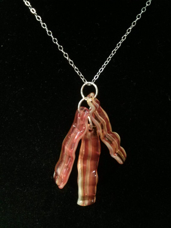 Glass Triple Bacon Dangle Necklace with Sterling Silver