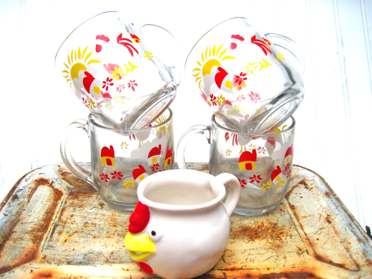 Vintage Rooster Glass Drinking Glasses Mugs At Silversnow Antiques