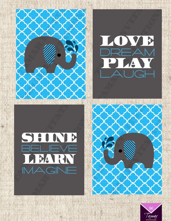 INSTANT DOWNLOAD Printable Nursery Art - Blue Elephant Quarterfoil Nursery Prints and Quotes, Four 8x10 Pictures Il_570xn