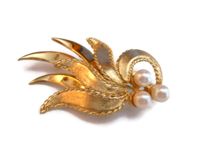 FREE SHIPPING Brooks leaf brooch, three pearl design brushed and satin brooch, gold plate