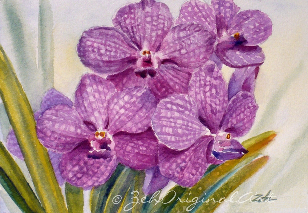 Purple Orchid Flowers Original Watercolor Painting 4x6