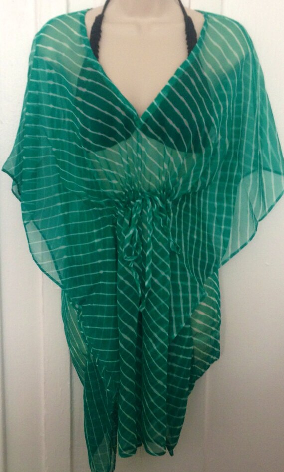 SALE- Green Blue Chiffon Sari Kaftan, Short Caftan, Beachwear, Coverup ...