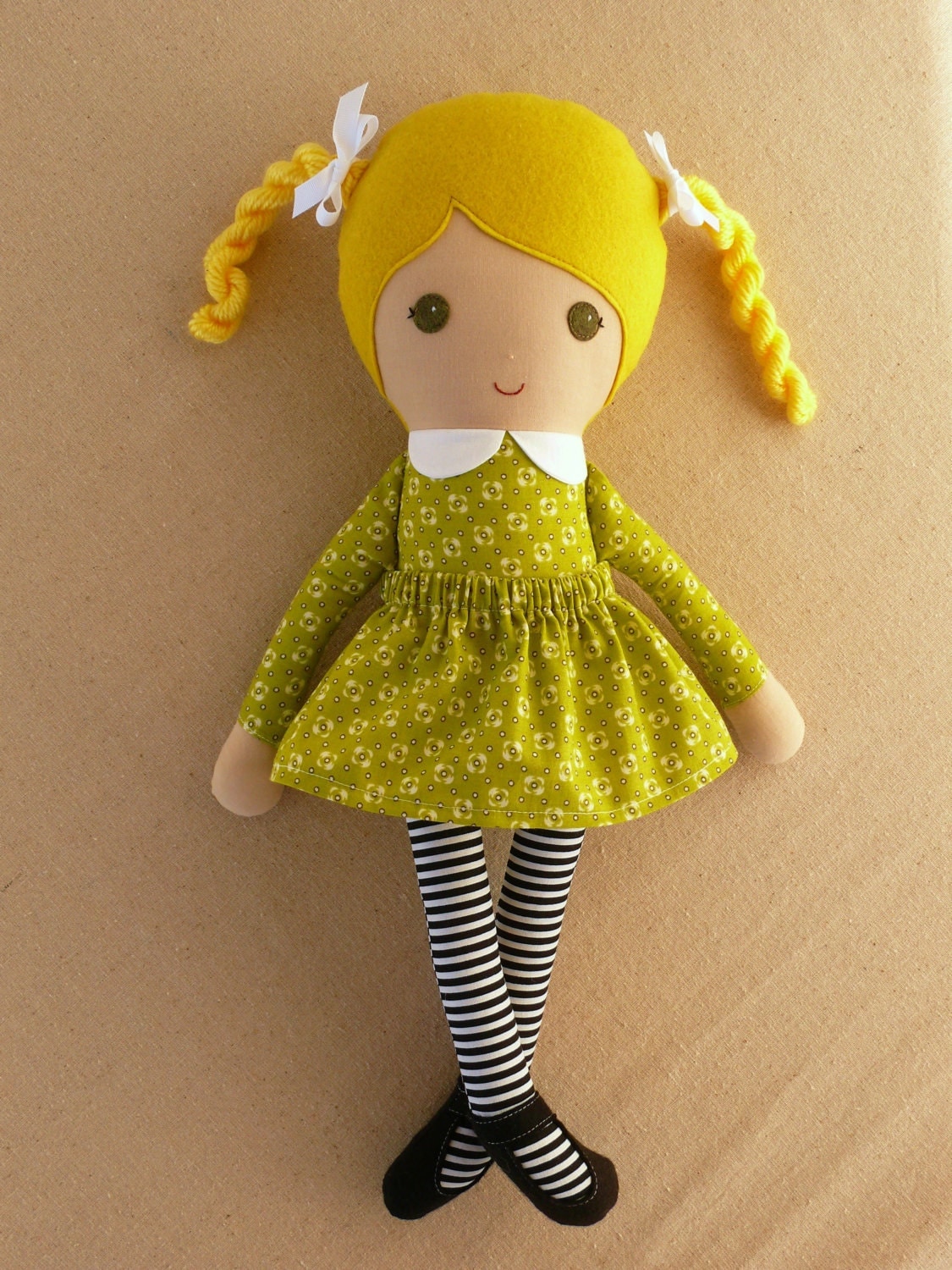 Fabric Doll Rag Doll Blond Haired Girl in Green Print Dress