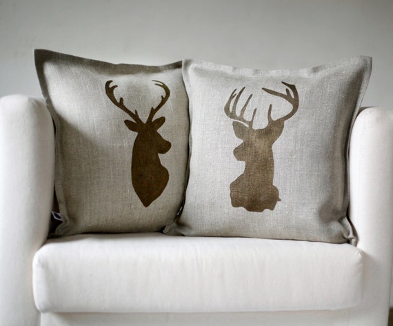 Deer head pillows set of 2 Reindeer antique bronze hand print on natural linen cushion covers 0124