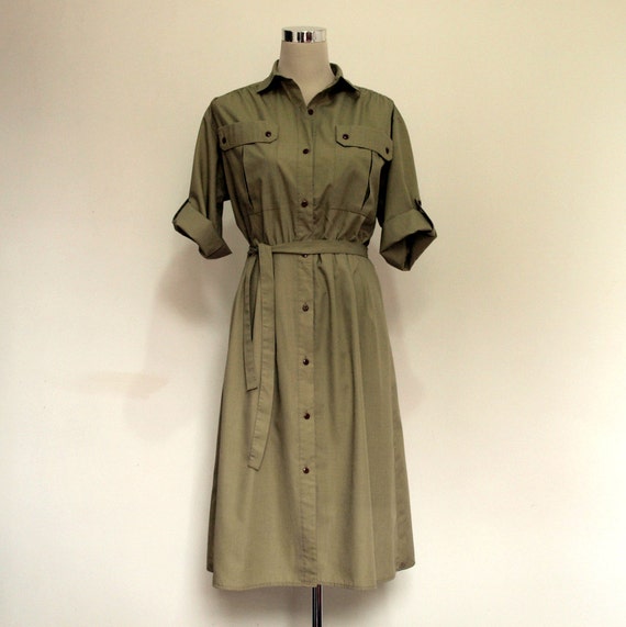 Vintage shirt  dress  Khaki green dress  Safari dress 
