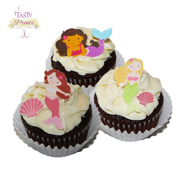 Mermaid Edible Cupcake Toppers 12 Mermaids - Food Decorations, edible decorations with bonus seashells Il_570xn