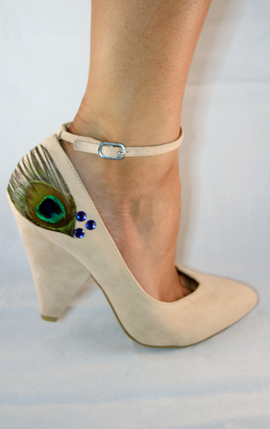 Beige Ankle Strap Peacock Chunky Heels