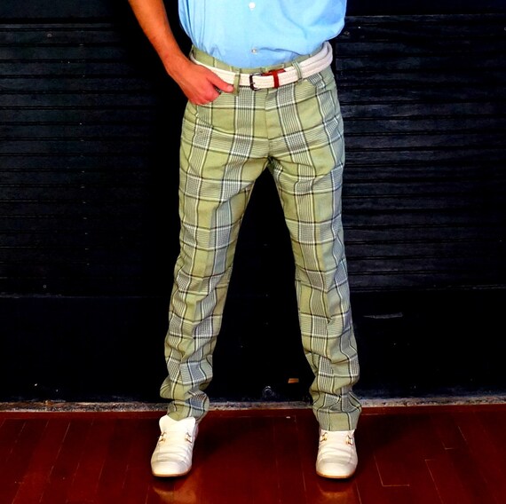 Drain Pipes 1960s Retro Slacks Pale Green Plaid Flat Front