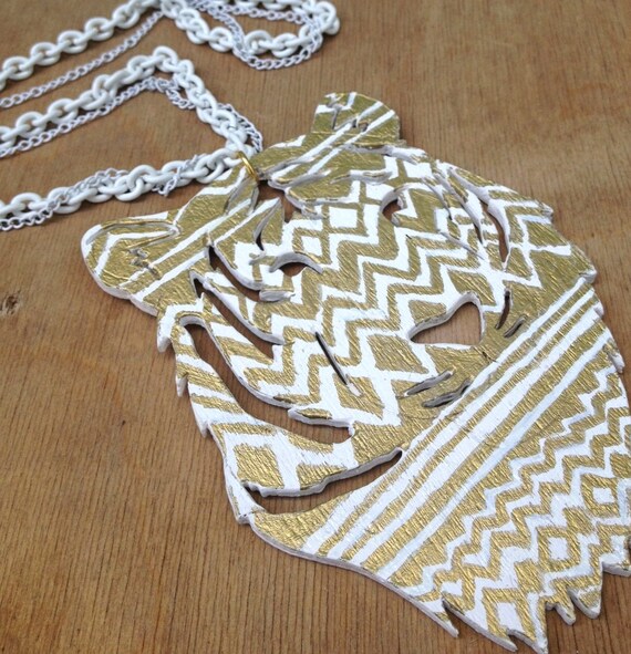 gold aztec lion necklace - golden white hand painted design geometric ...