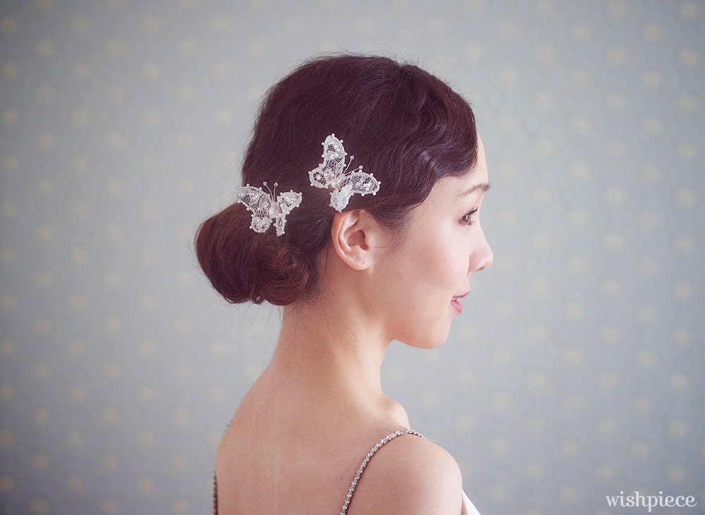 Butterfly Hair Pins Wedding Hair Accessories Lace by wishpiece