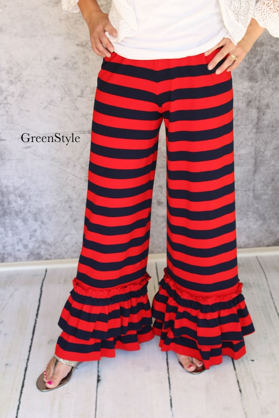 Nautical Red and Navy Blue Stripe Willow Ruffle  Knit Pants by GreenStyle in Children Teen and Women's Sizes