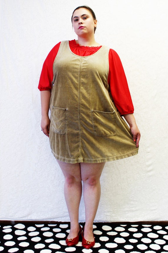 Plus Size Vintage Tan Velvet Mini Jumper Pinafore Dress