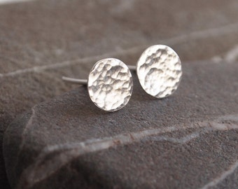 Round silver earrings, studs sterling silver earrings, hammered silver earrings handmade by arc jewellery UK