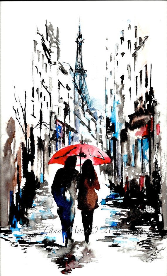 Watercolor Print from Original Watercolor Illustration - Travel Paris Red Umbrella Watercolor Painting